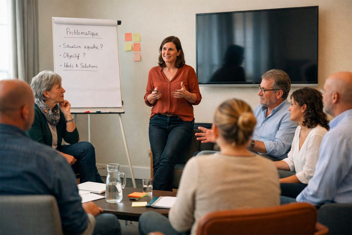 Une séance de co-développement : une facilitatrice devant un groupe de managers en écoute active